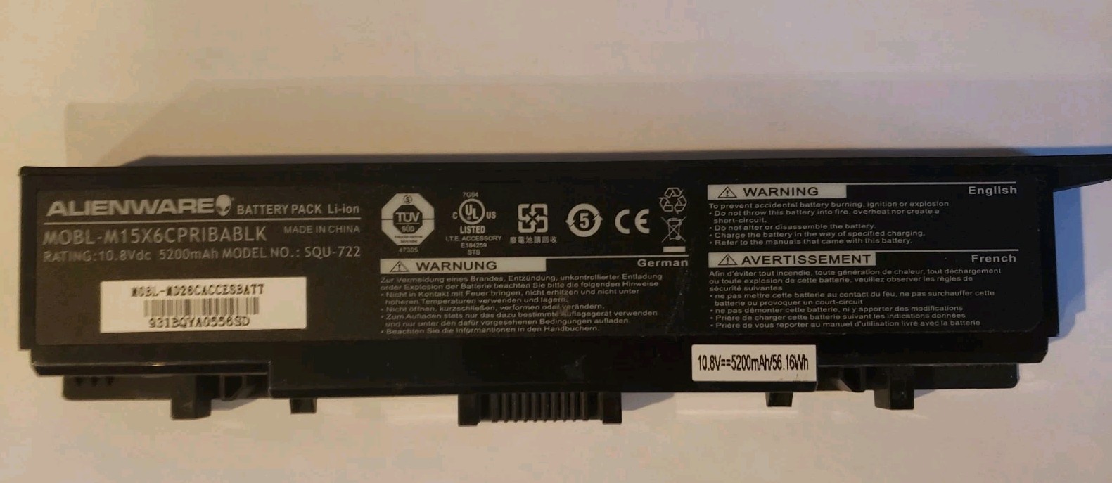 Alienware Area-51 m15x-r1 Battery MOBL-M15X6CPRIBABLK 10.8v 5200mah 57.16wh ASIS