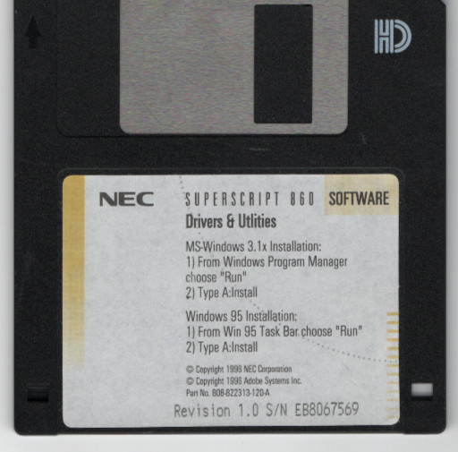 NEC SuperScript 860 Drivers & Utilities Software 3.5" Floppy Disk Windows 3.1 95