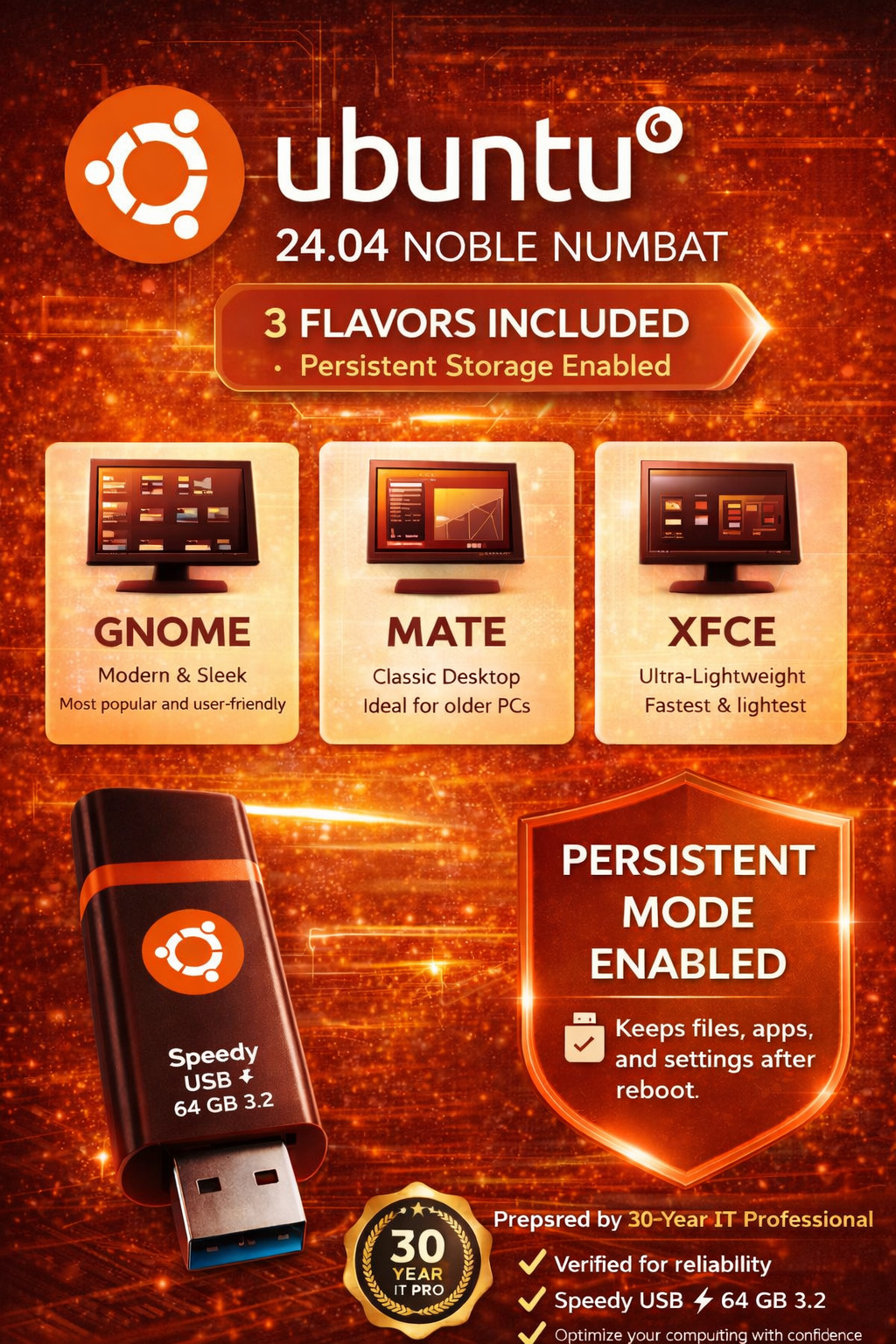 Ubuntu Linux 24.04 NUBAT LTS BOOTABLE, LIVE, PERSISTENT, 64 GB USB