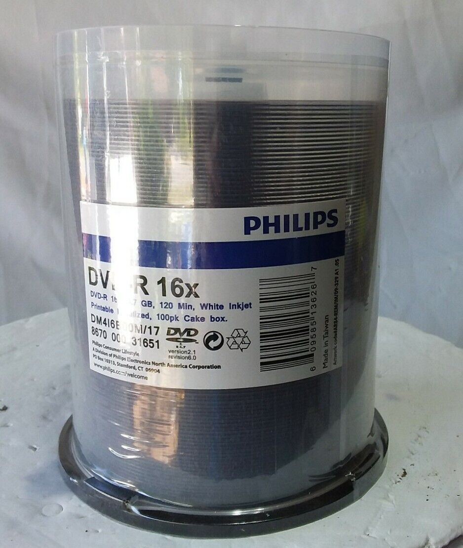 Philips DVD-R 100 Pack Spindle 16x 4.7GB White Inkjet Printable New Sealed