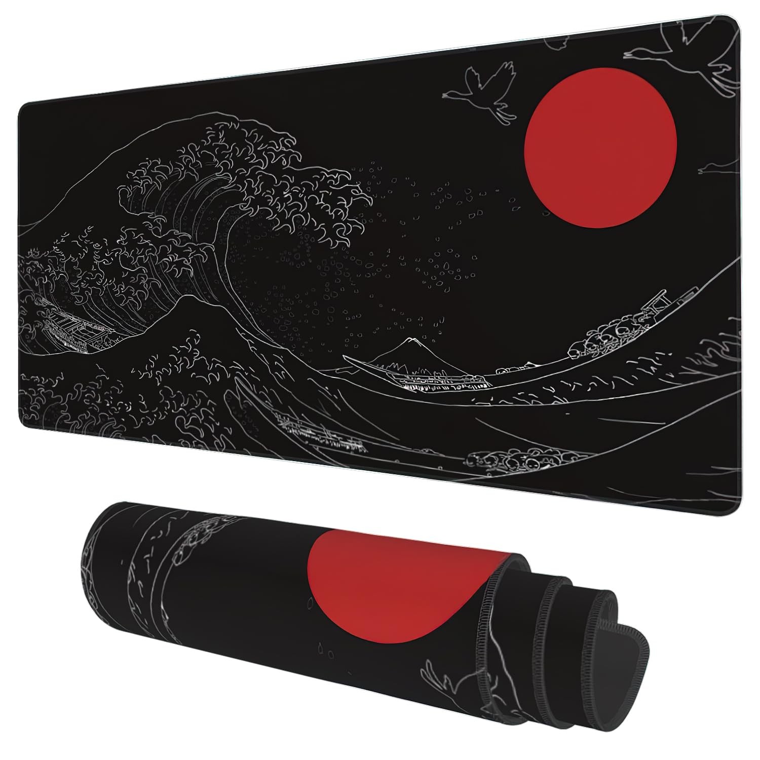Desk Mat, Black Japanese Style Wave and Red Sun Extended Gaming Mouse Pad Lar...