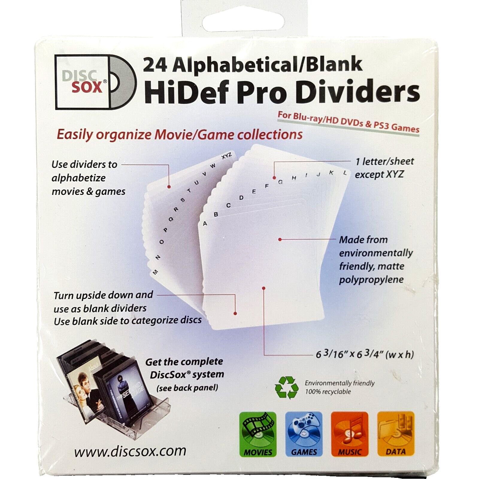DISCSOX HiDef Pro Dividers 24 Pack Alphabetical or Blank DVD Games Music Data