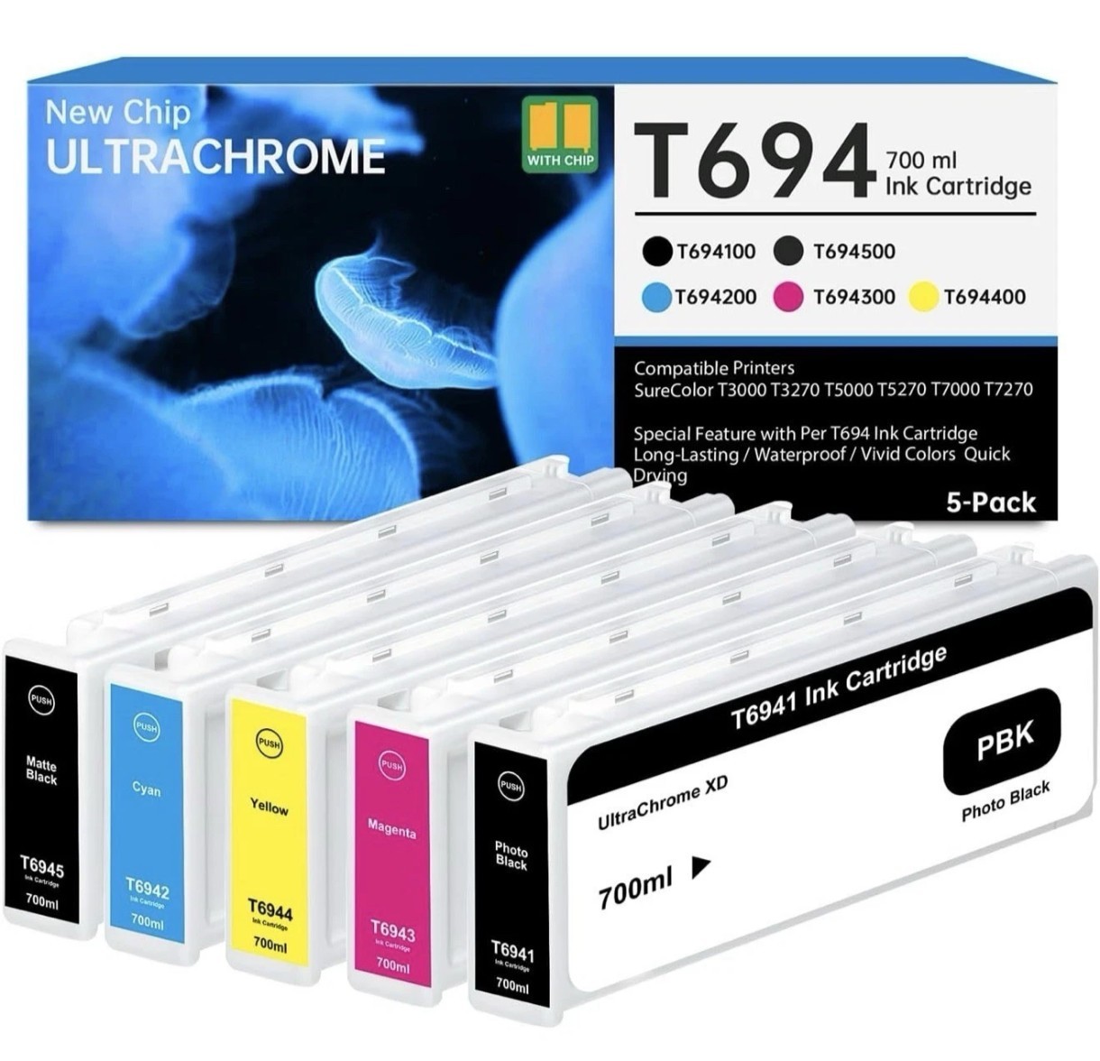 T694 5-Pack Ultra Chrome Ink Cartridge 700ml New Chip T6941 T3000.. T5000..