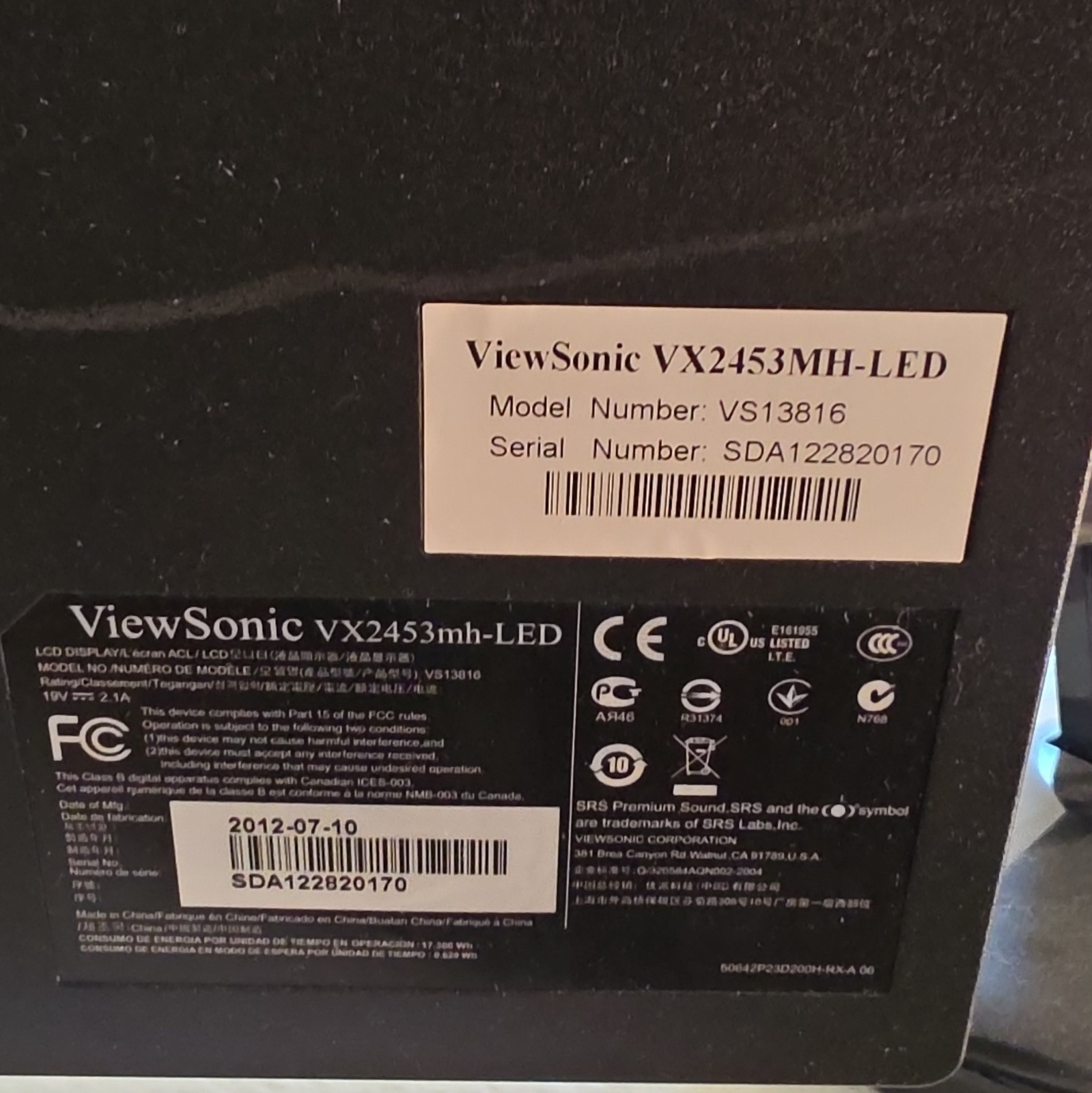 ViewSonic VX2453mh-LED 24" LED Monitor 1080p 2ms HDMI DVI-D VGA