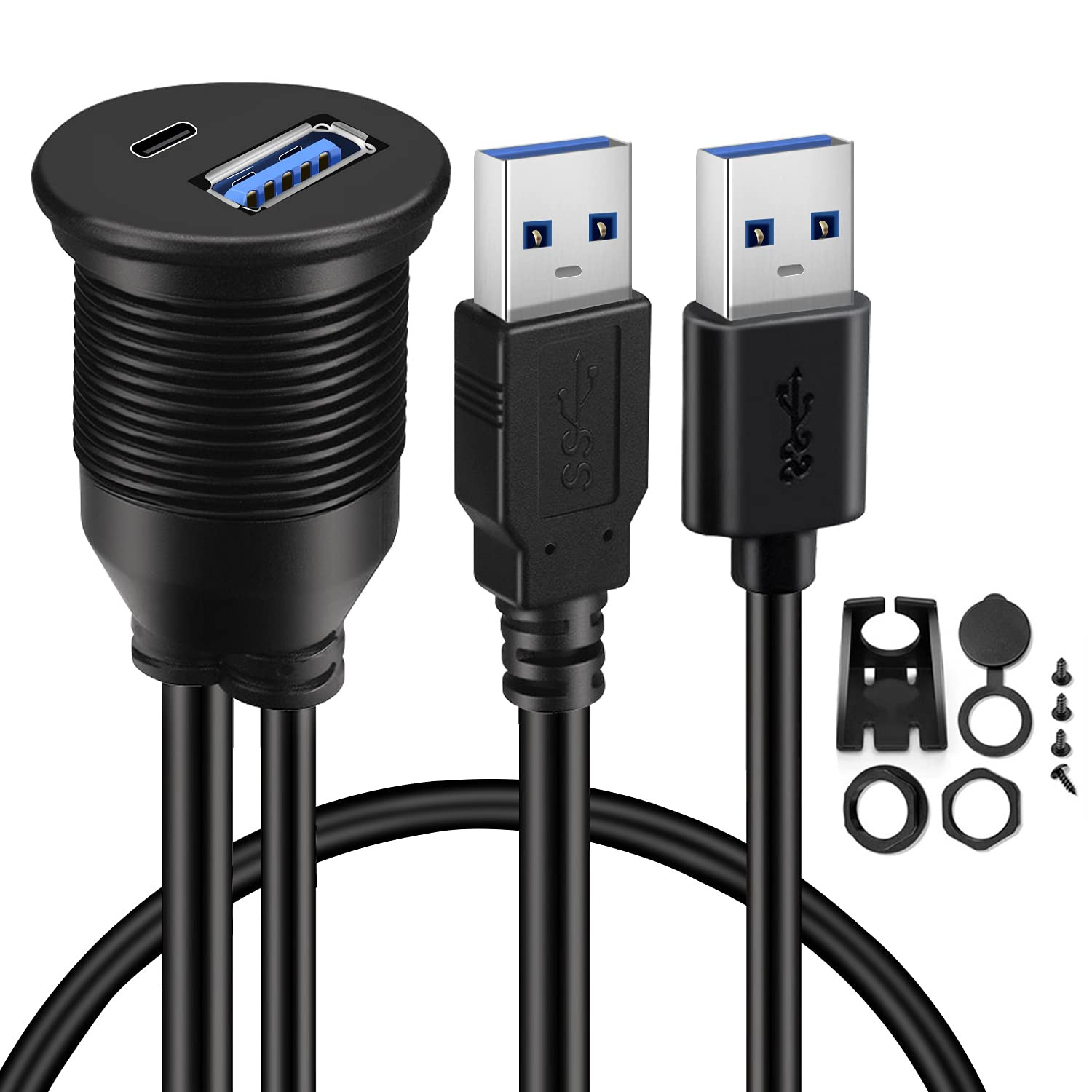 Dual Ports Square USB 3.0 Panel Flush Mount Extension Cable with Buckle for C...