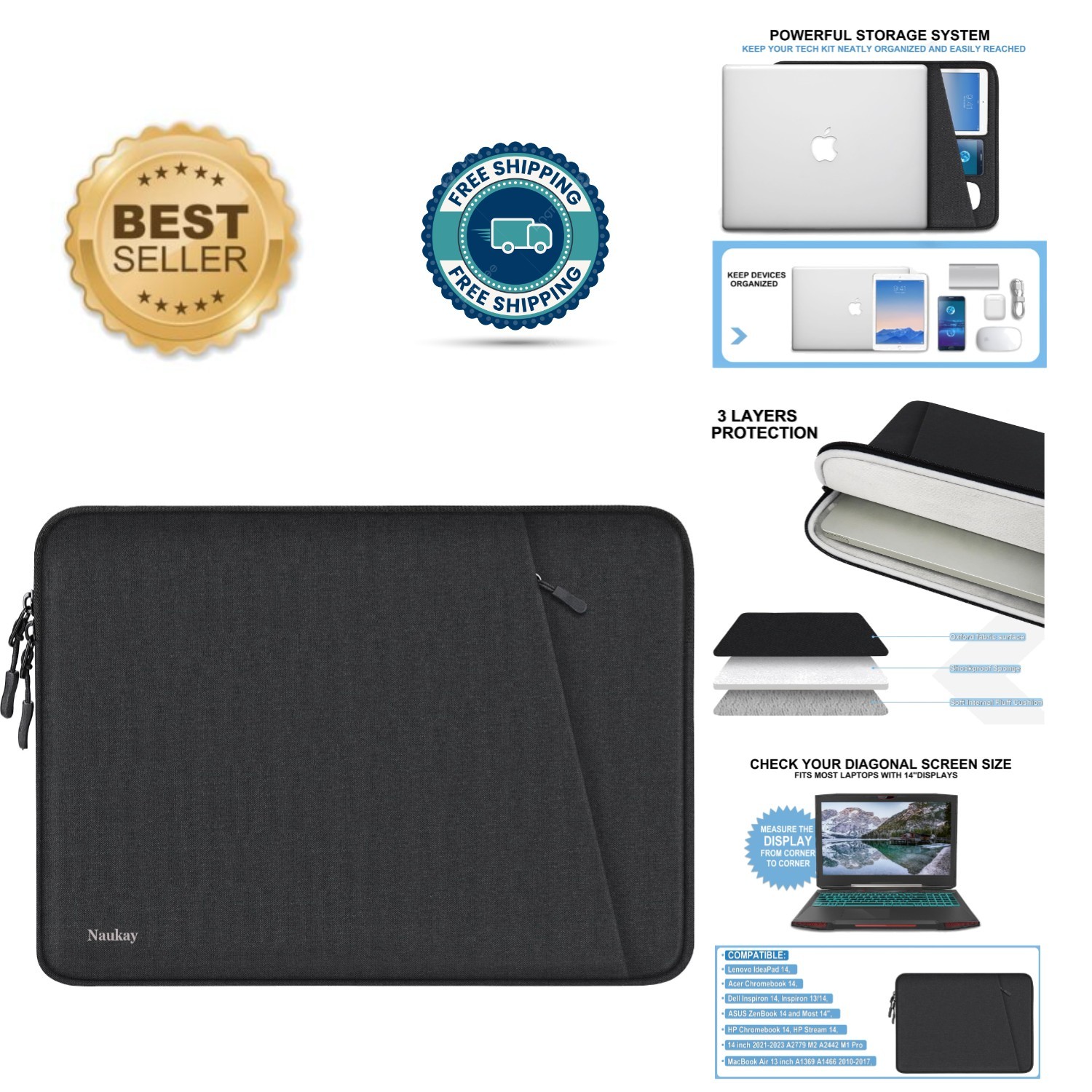 Ultra-Slim 14-Inch Shockproof Laptop Sleeve with Pocket - Portable Black Cover