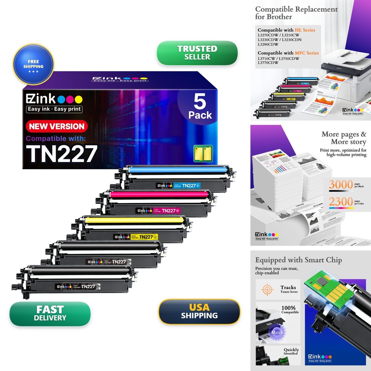 E-Z Ink TN227 High Yield Toner Cartridge 4-Pack BK/C/M/Y