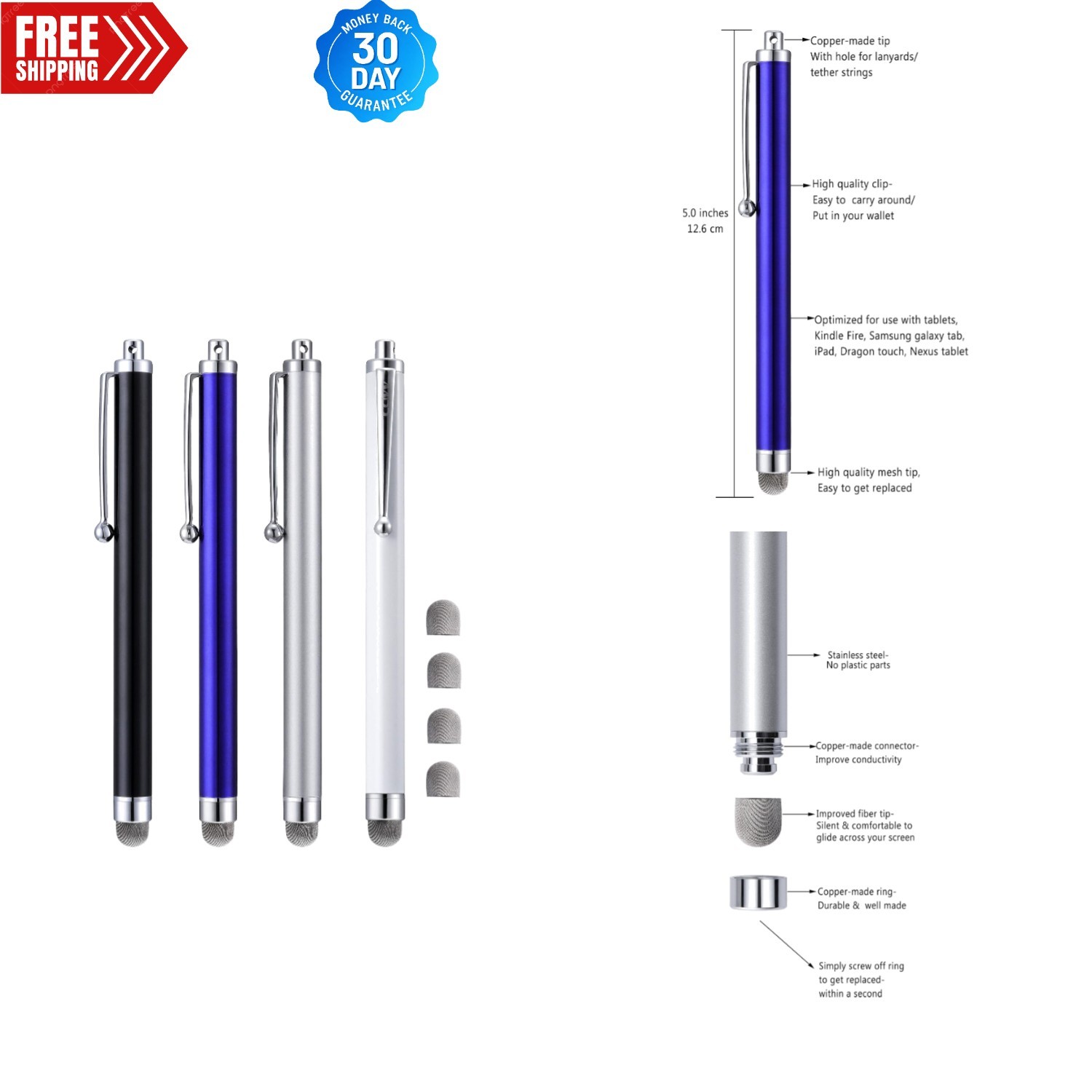 Ultra-Sensitive 5.0 Inch Stylus for Touchscreens - 4 Pack with Replaceable Tips