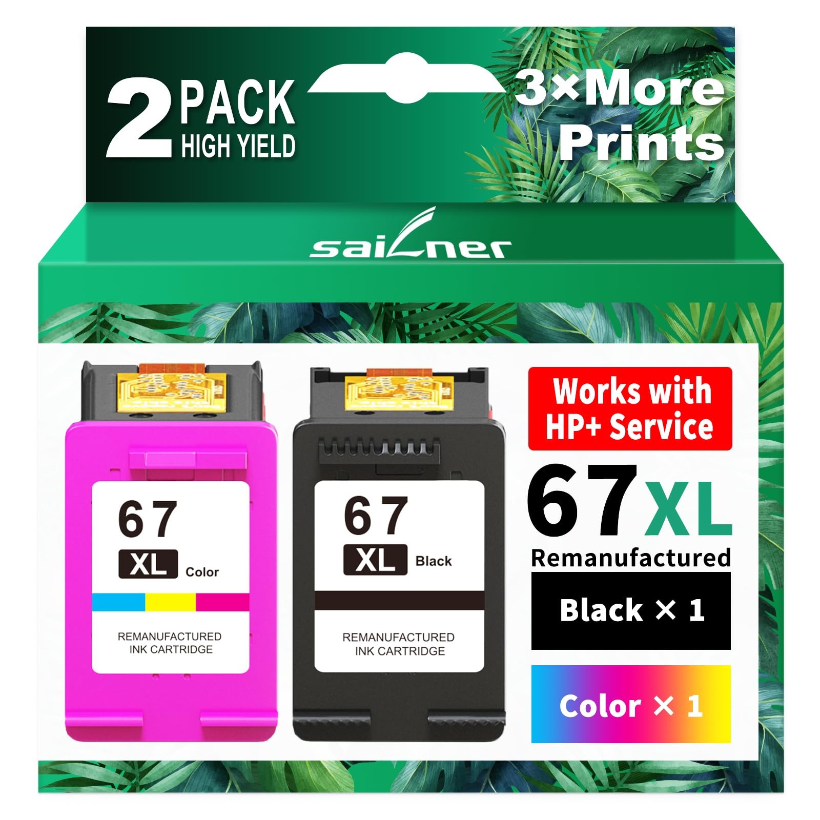 SAILNER 67XL Ink Cartridges Black/Color Combo Pack Replacement for HP 67 67XL