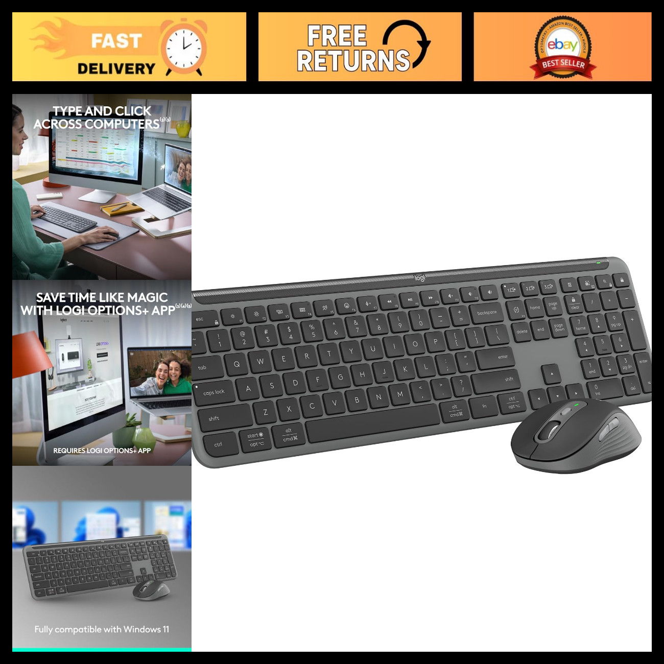Slim Wireless Keyboard and Mouse Combo - Ergonomic, Quiet, Bluetooth, USB - MK95