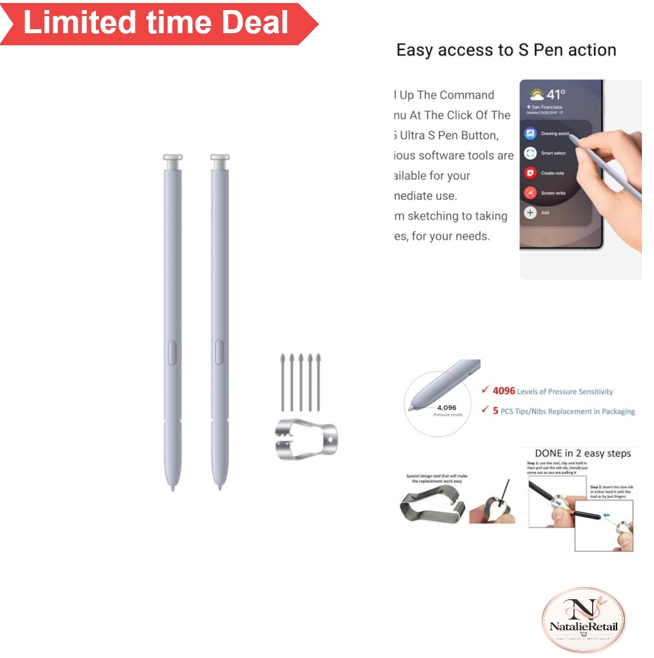 Stylus Pen S25 Ultra Replacement 2 Pack 4096 Pressure Sensitivity Tips Nibs