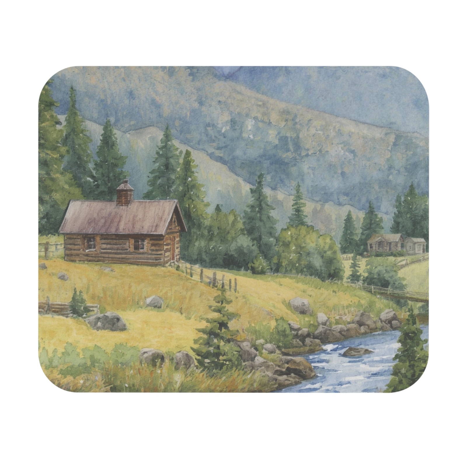 Mountain Cabin Watercolor Mouse Pad | Rustic Landscape Desk Mat