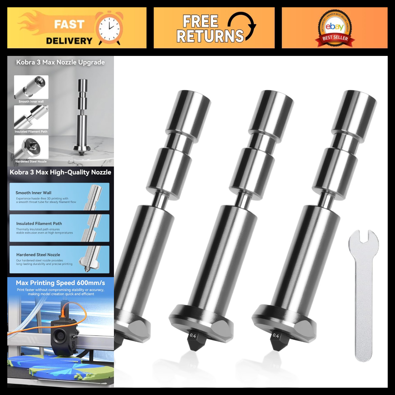 3PCS 0.4mm Hardened Steel Nozzle Kit for High Flow Quick-Swap 3D Printers