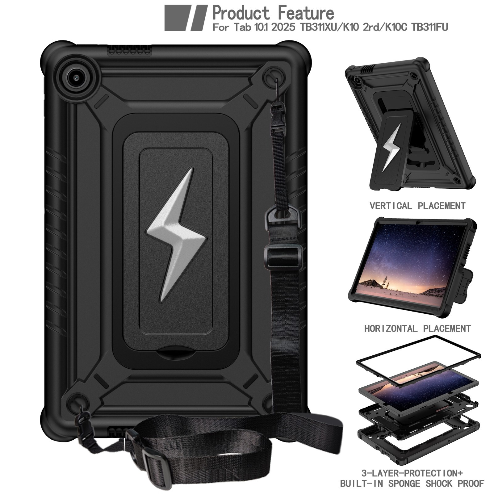 ProCase Case for Lenovo Tab 10.1" 2025 Shockproof Rugged Cover + Shoulder Strap