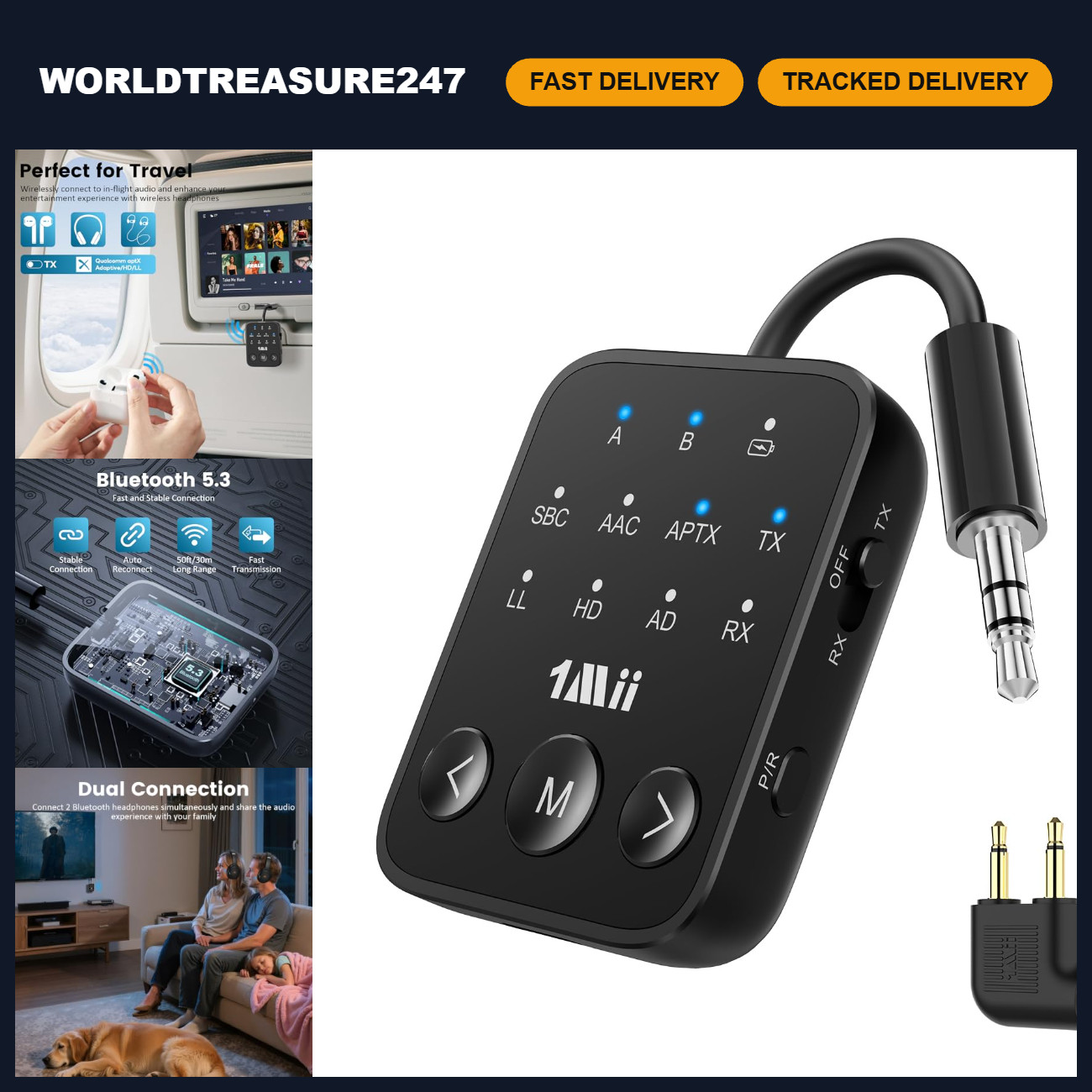 Bluetooth 5.3 Transmitter Receiver for Airplane & TV - SafeFly Dot2 Wireless Aud