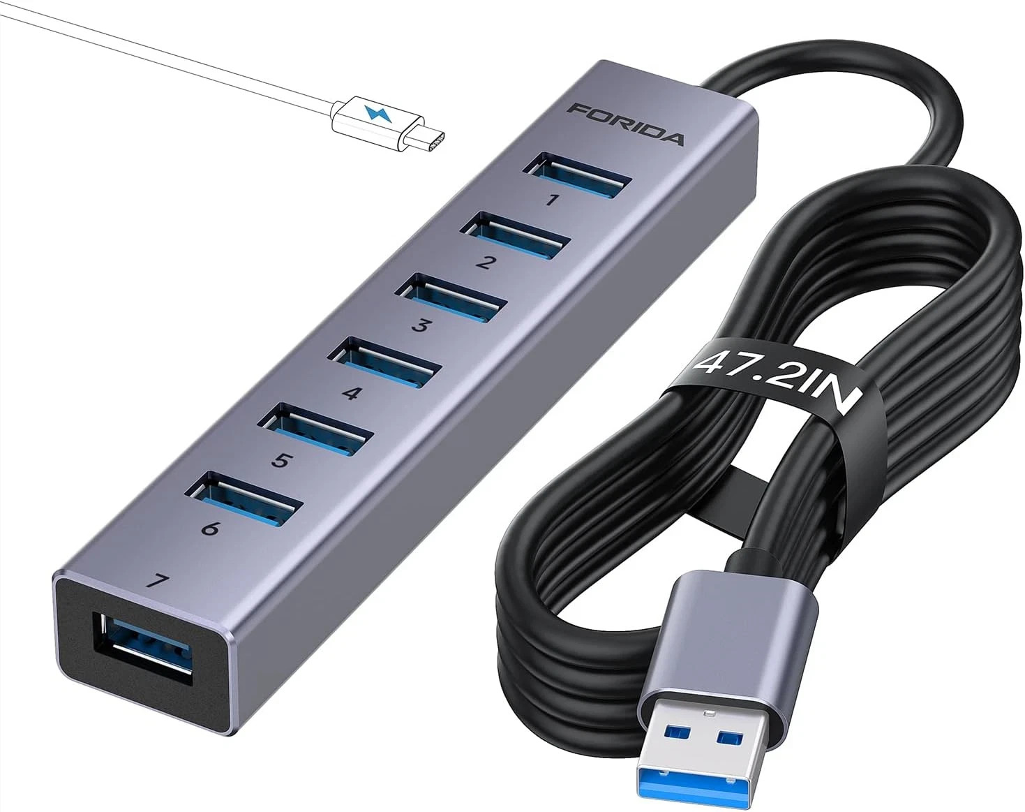 Aluminum Alloy 8 Port USB Hub Long Cable USB Splitter with 7-USB3.0 Data Ports a