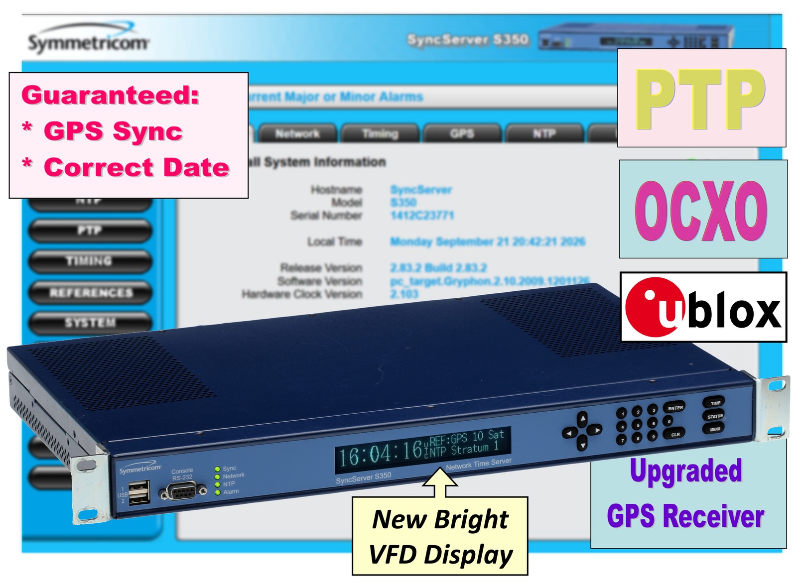 Symmetricom PTP SyncServer S350 UPGRADED GPS OCXO 10MHz NTP Network Time Server