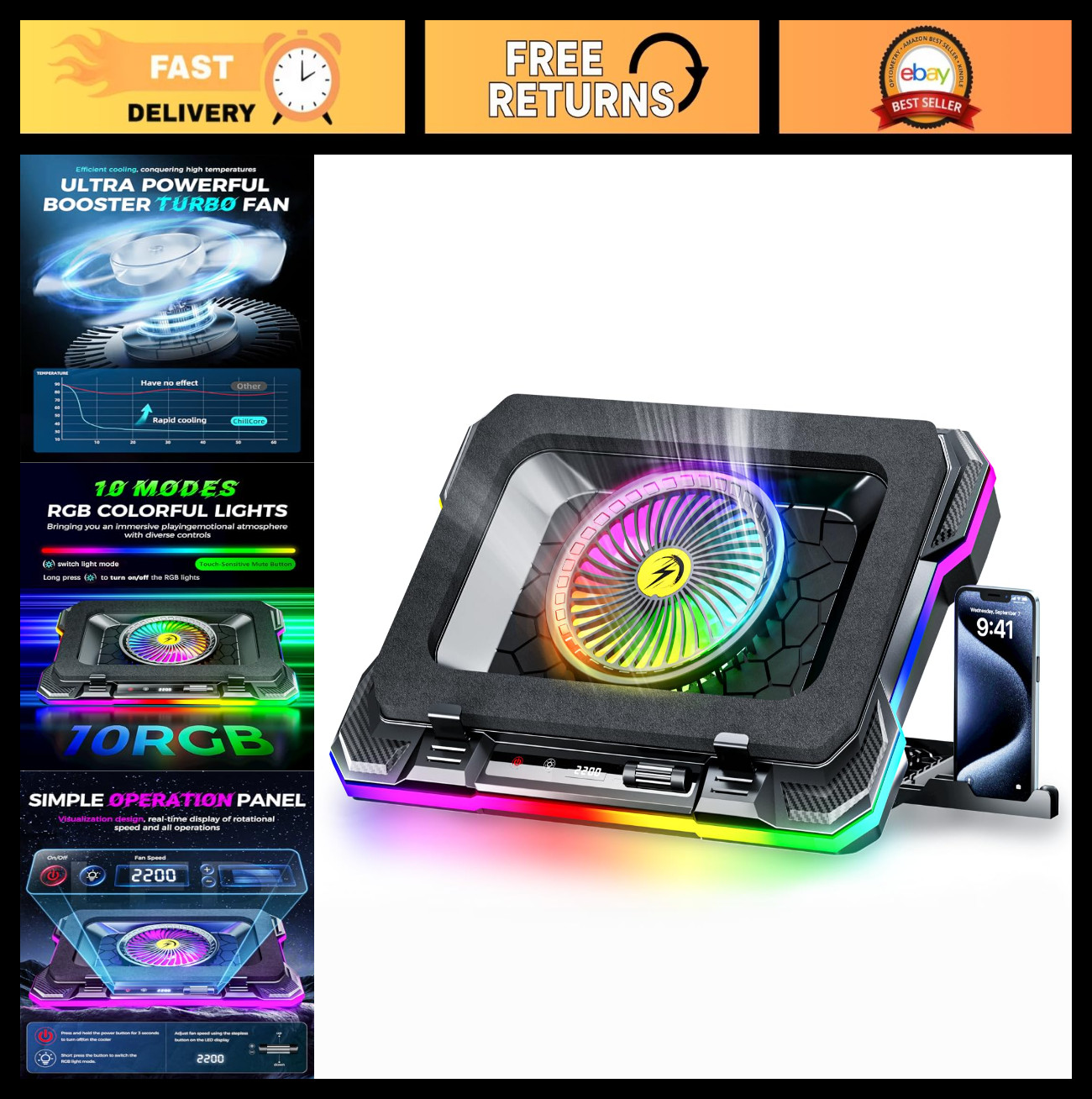 RGB Gaming Laptop Cooling Pad with 5.5" Turbo Fan, Rapid Cooling, 7 Heights, Var