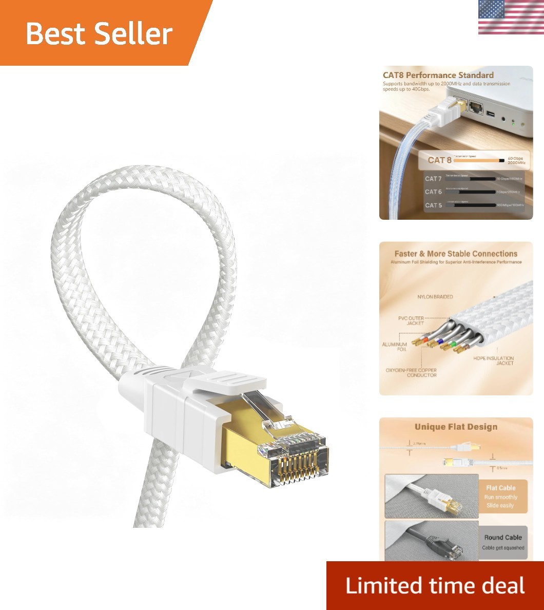 High Performance Cat 8 Ethernet Cable 15FT - Heavy Duty, Gold-Plated Connectors