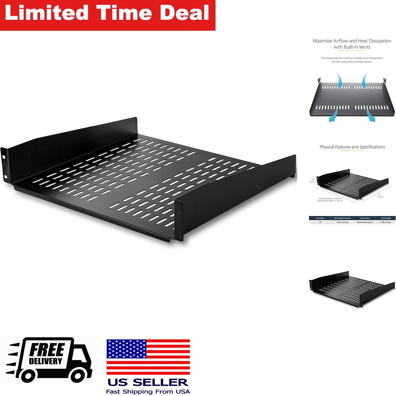 2U Vented Rack Shelf 41cm Deep 23kg Heavy Duty Universal 19in Server Rack
