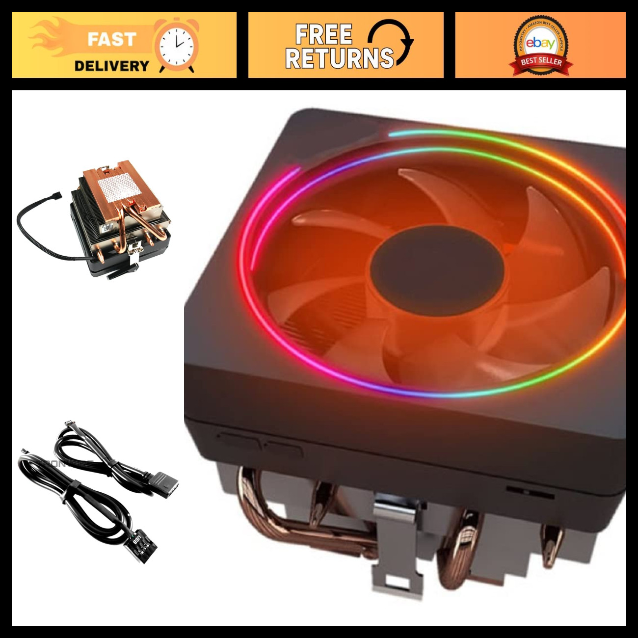RGB LED CPU Cooler with Heat Pipes, 105mm PWM Fan, Copper Base, Thermal Paste fo