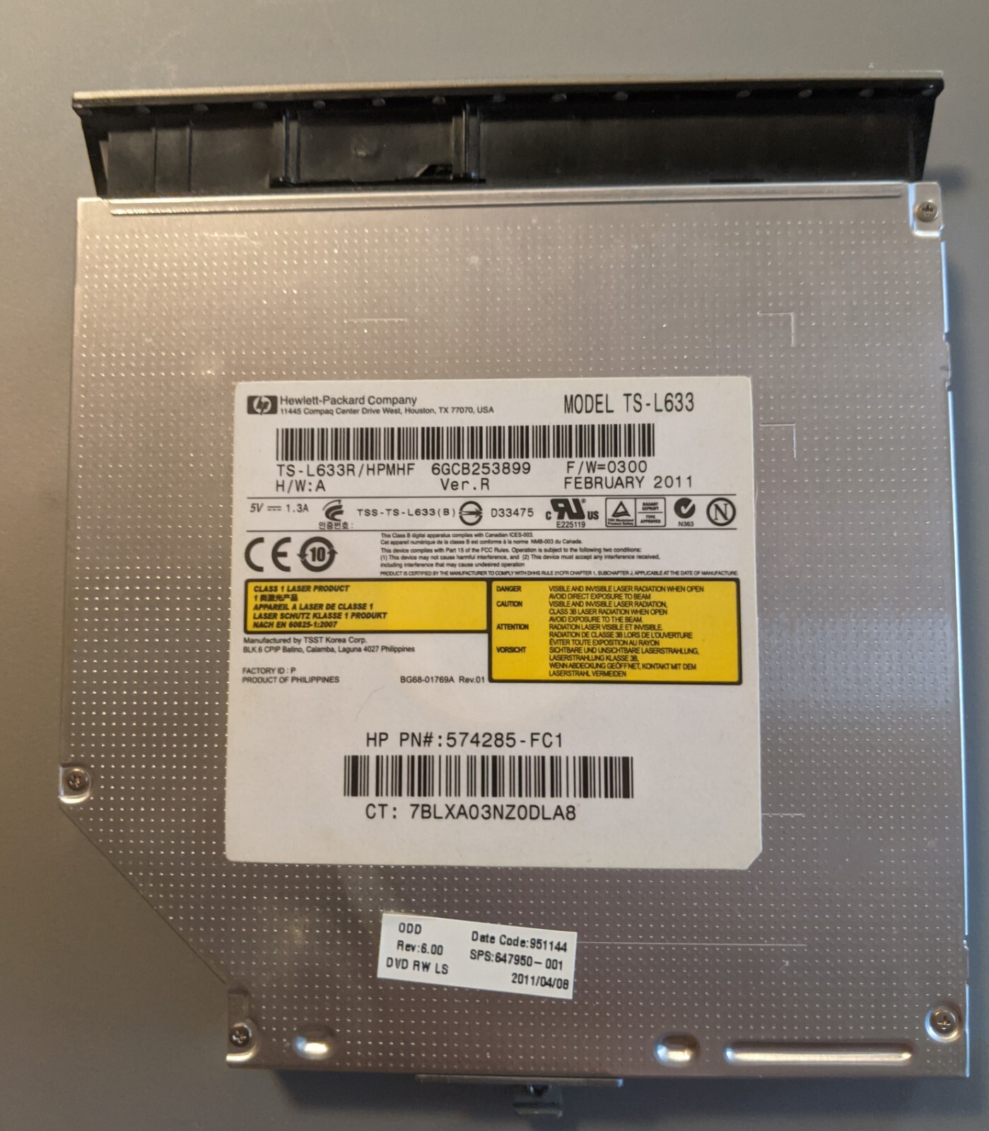 HP ProBook 4530s CD-RW/DVD+RW Rewriter Drive - 574285-FC1 - Model TS-L633