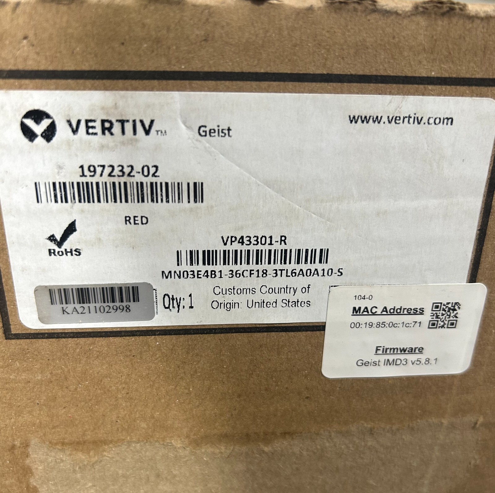 VP43301-R, VERTIV rPDU, Monitored Unit Level EC, 30A, 208V, 4.9kW