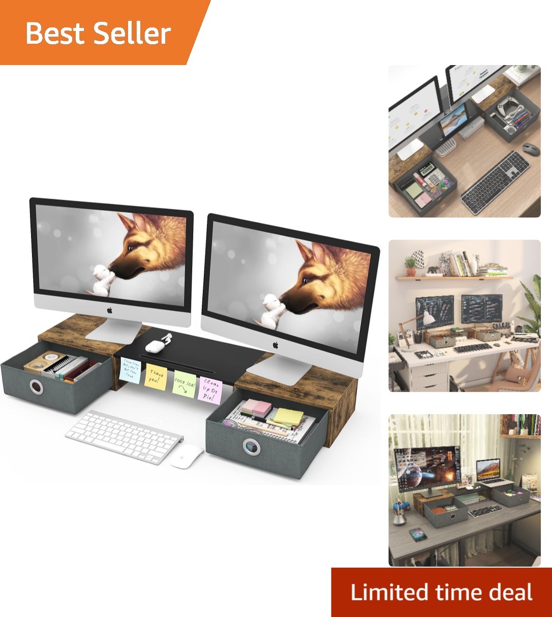 Rustic Brown Dual Monitor Riser with Ergonomic Design and Storage Drawers