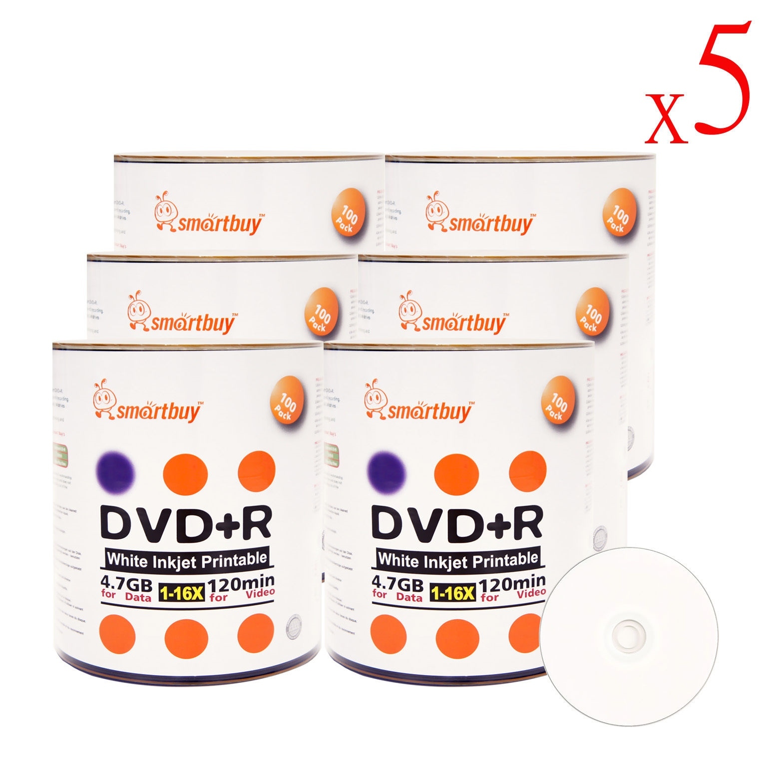 3000 Pack Blank Smartbuy 16X DVD+R 4.7GB White Inkjet Hub Printable Record Disc