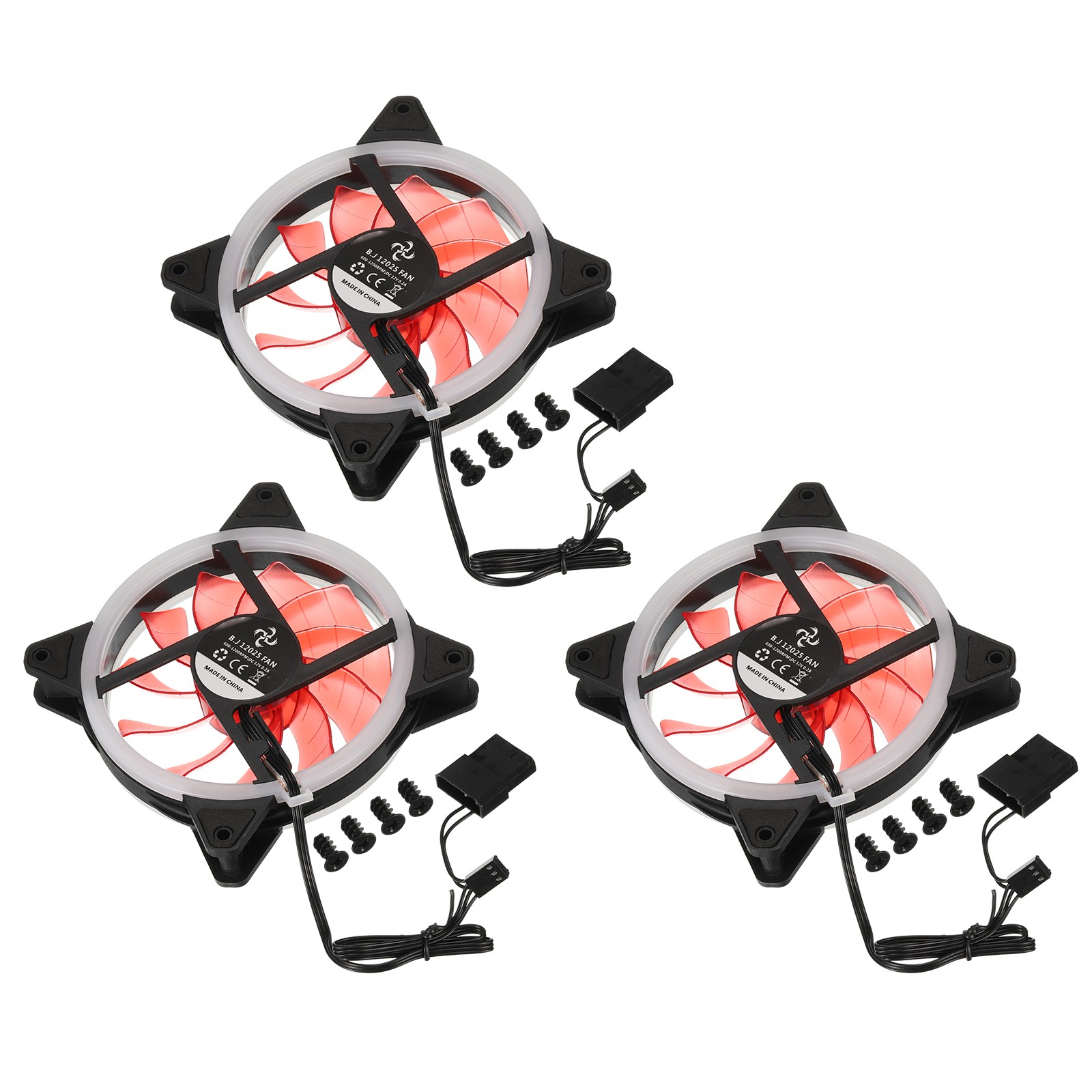 3Pcs RGB Computer Case Fan 600-1200RPM 120mm 3-4 Pin Red 15 LED 12V