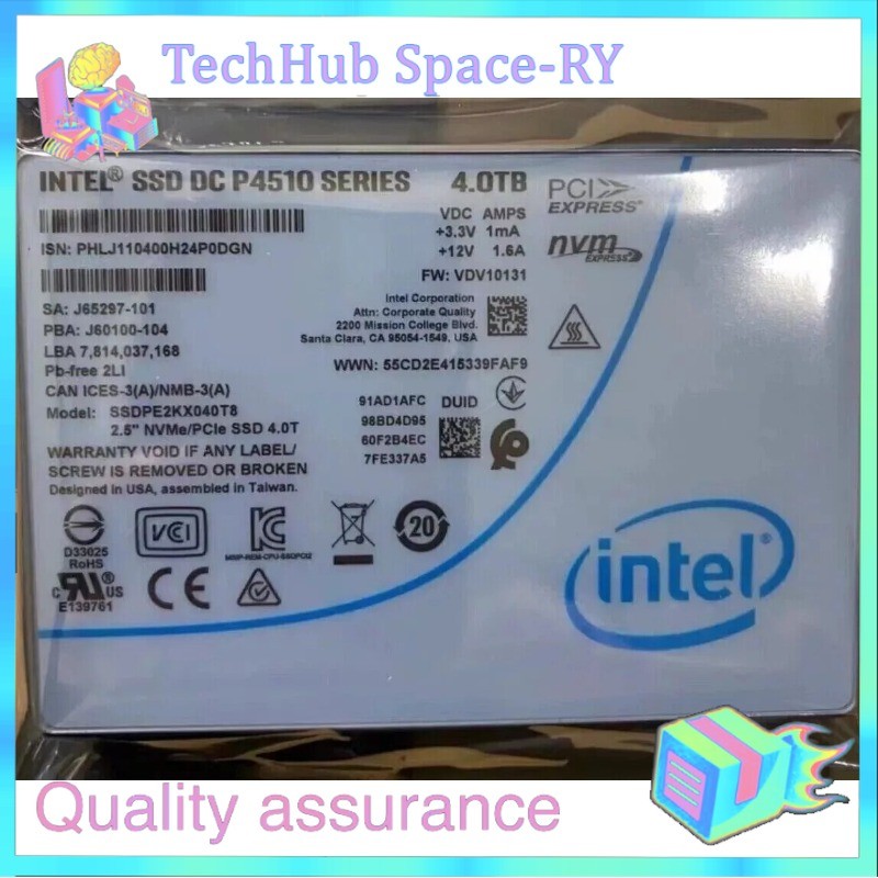 Intel P4510 Series 4TB SSD NVME U.2 2.5" PCIe Solid State Drive SSDPE2KX040T801