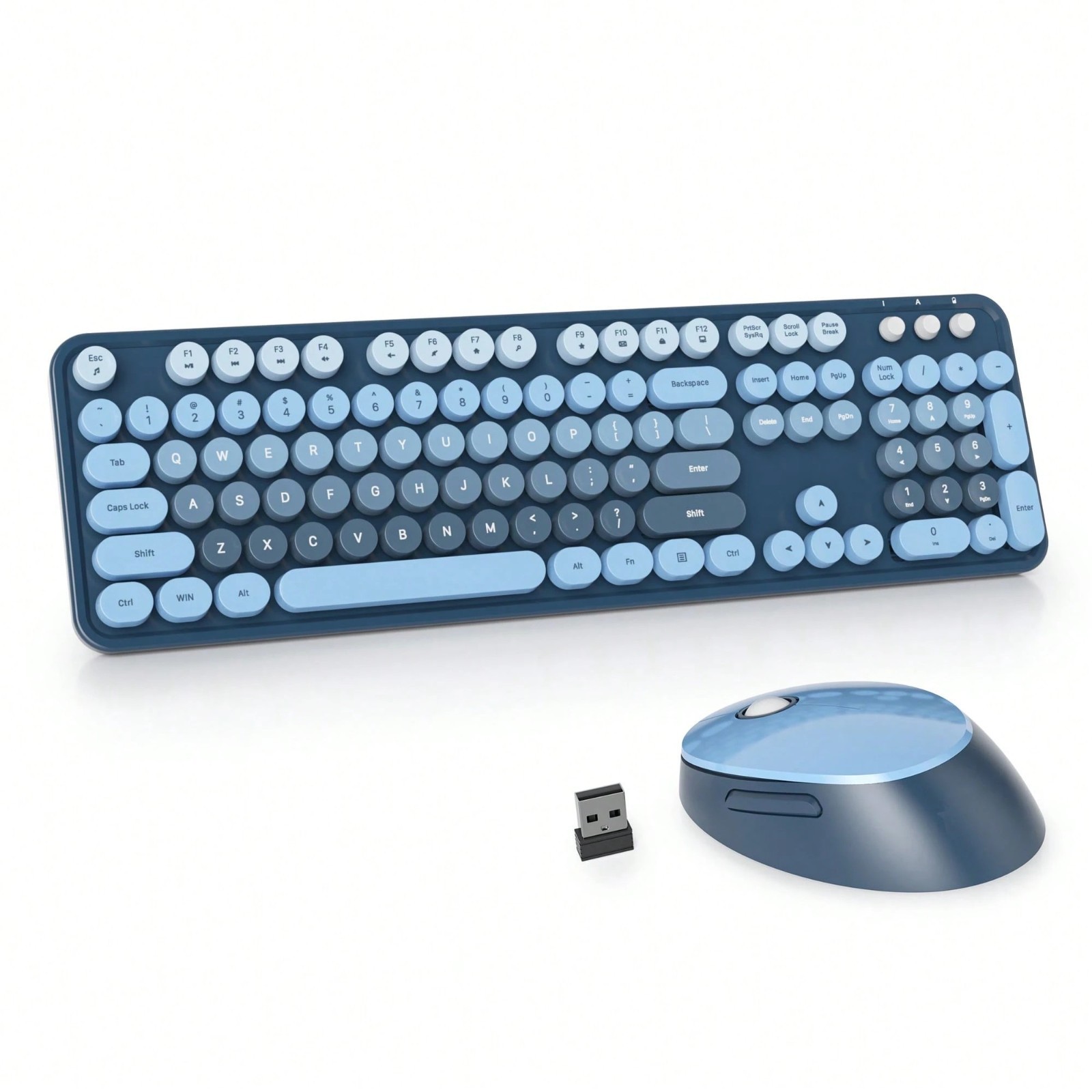 Wireless Keyboard & Mouse Set Retro Typewriter Round Keycaps for PC Laptop Blue