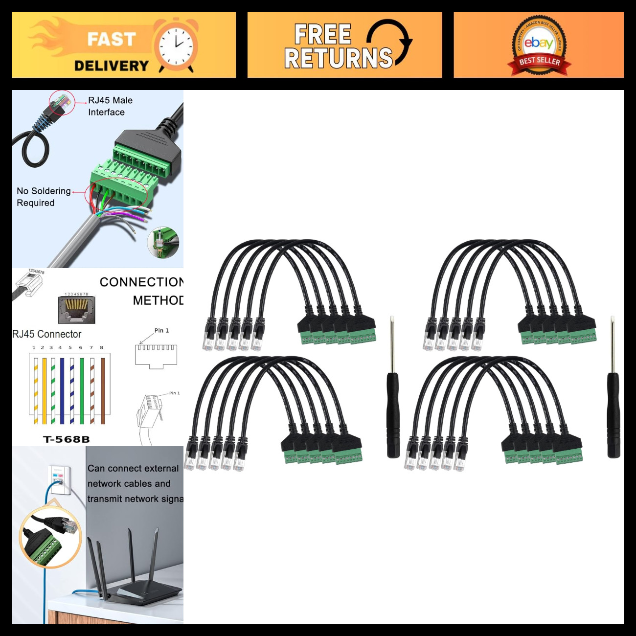 10 Pcs RJ45 Male to 8 Pin Screw Terminal Adapter, 1ft Ethernet Connector for CCT