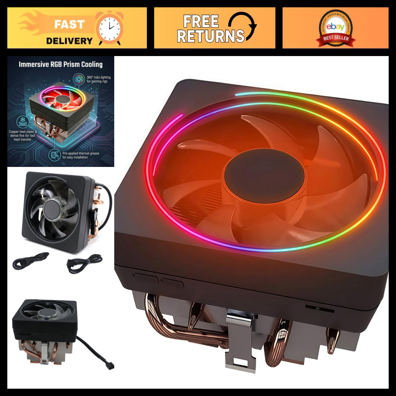 High-Performance CPU Cooler with RGB LED, Copper Core, AM5/AM4/AM3 Compatible, R