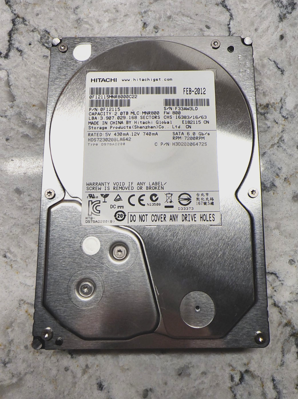 Used 33 hours Tested 2TB Hitachi SATA 6Gb/s 3.5 in Internal HDD, HDS723020BLA642