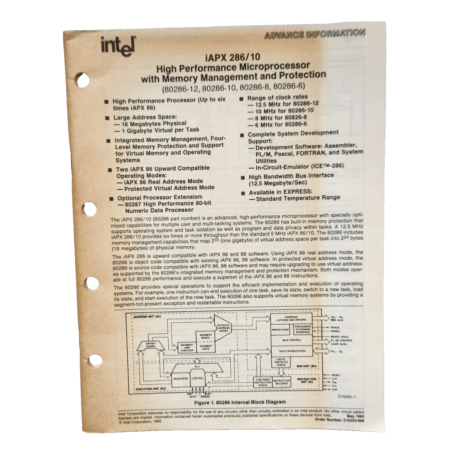 Intel iAPX 286/10 High Performance Microprocessor Advance Information 80286 1985