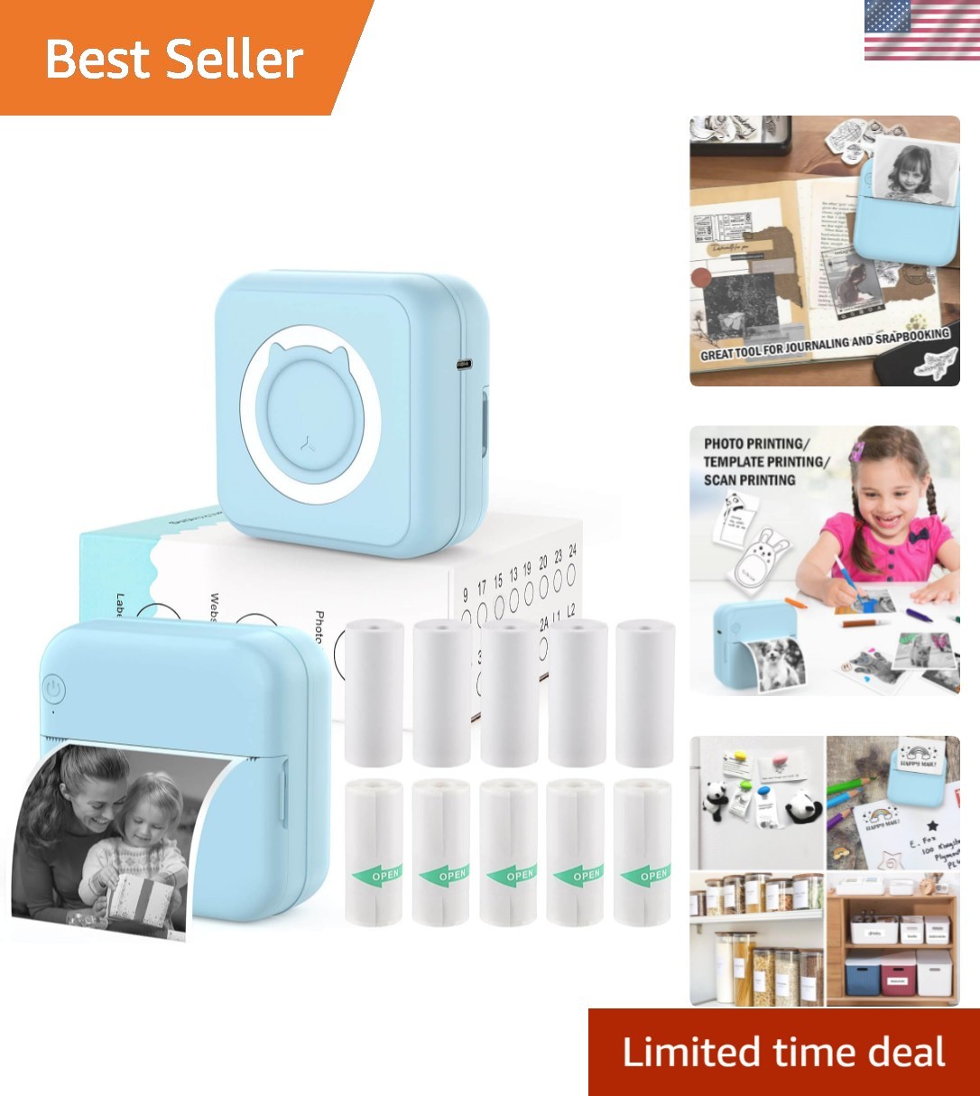 Compact Mini Bluetooth Printer: Inkless & Portable, 10 Rolls for iPhone/Android
