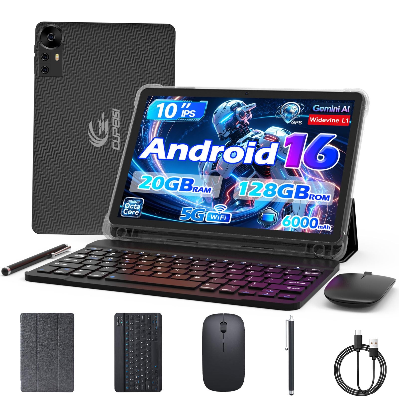 CUPEISI Android 16 Tablet 10 Inch, 20GB RAM+128GB ROM/2TB 20GB+128GB, Black