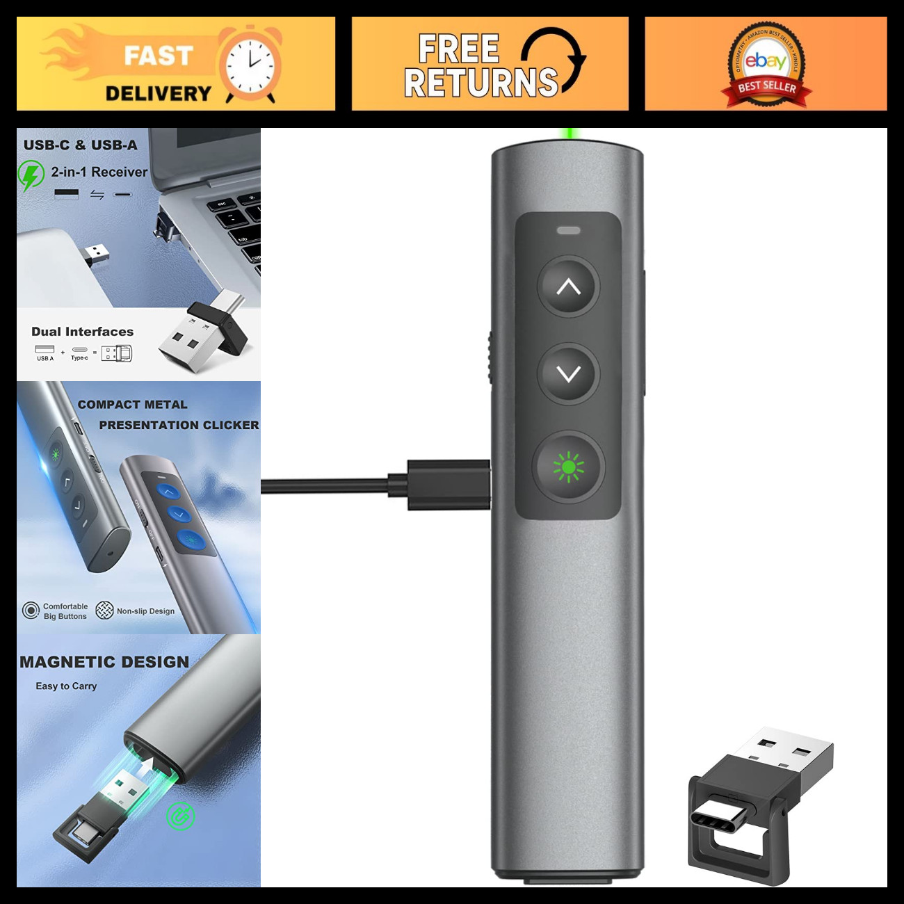 Wireless Presentation Clicker, Metal 2-in-1 USB Type-C Dual Receiver, Remote Con