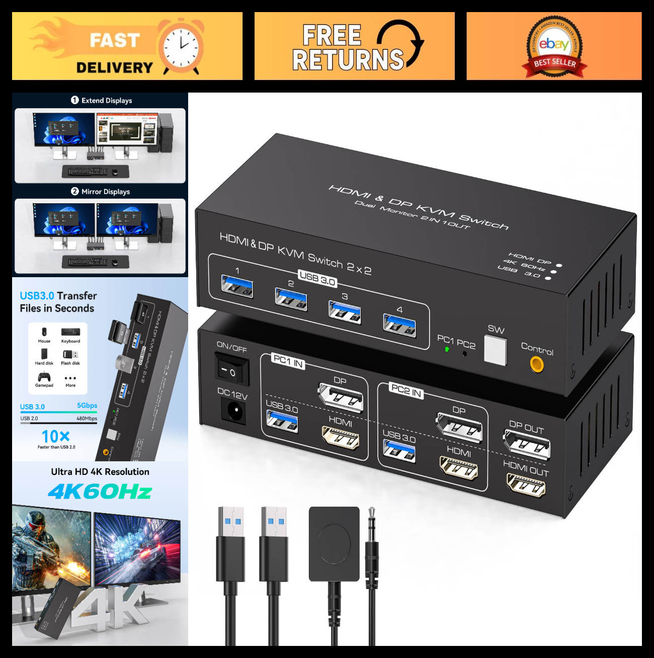 KVM Switch for 2 PCs & Dual Monitors, 4K@60Hz, 4 USB 3.0 Ports, Desktop Controll
