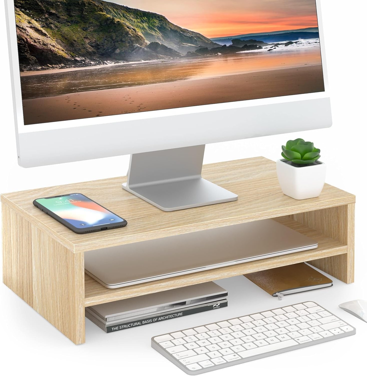 Wooden Monitor Stand Riser, 2-Tier Desk Organizer Shelf, Oak Finish, Space Saver