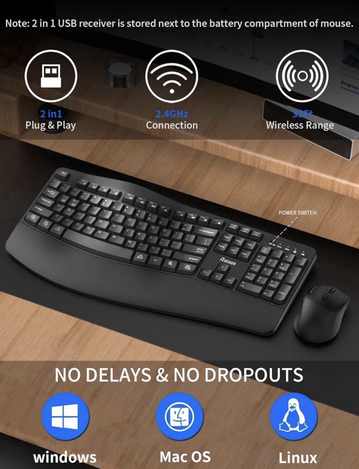 Wireless Keyboard & Mouse Combo 2.4G Full-Size Ergonomic Wave Keys