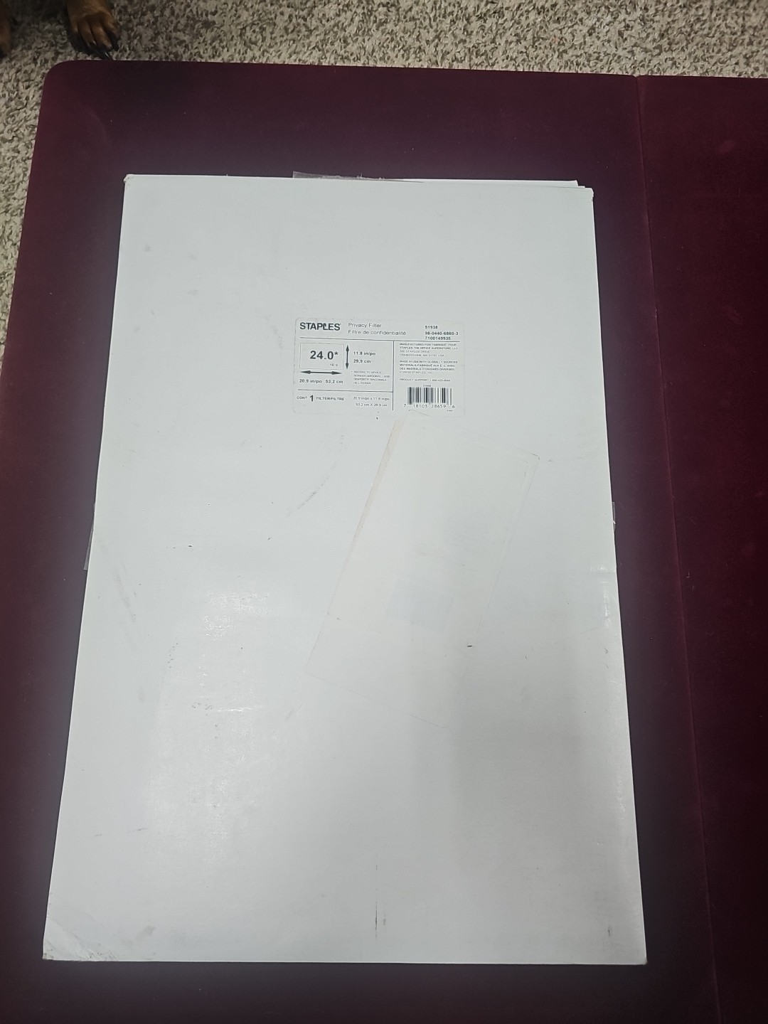 Staples Privacy Filter 24 In. 11.8 x 20.9 Inches  Black Open Box