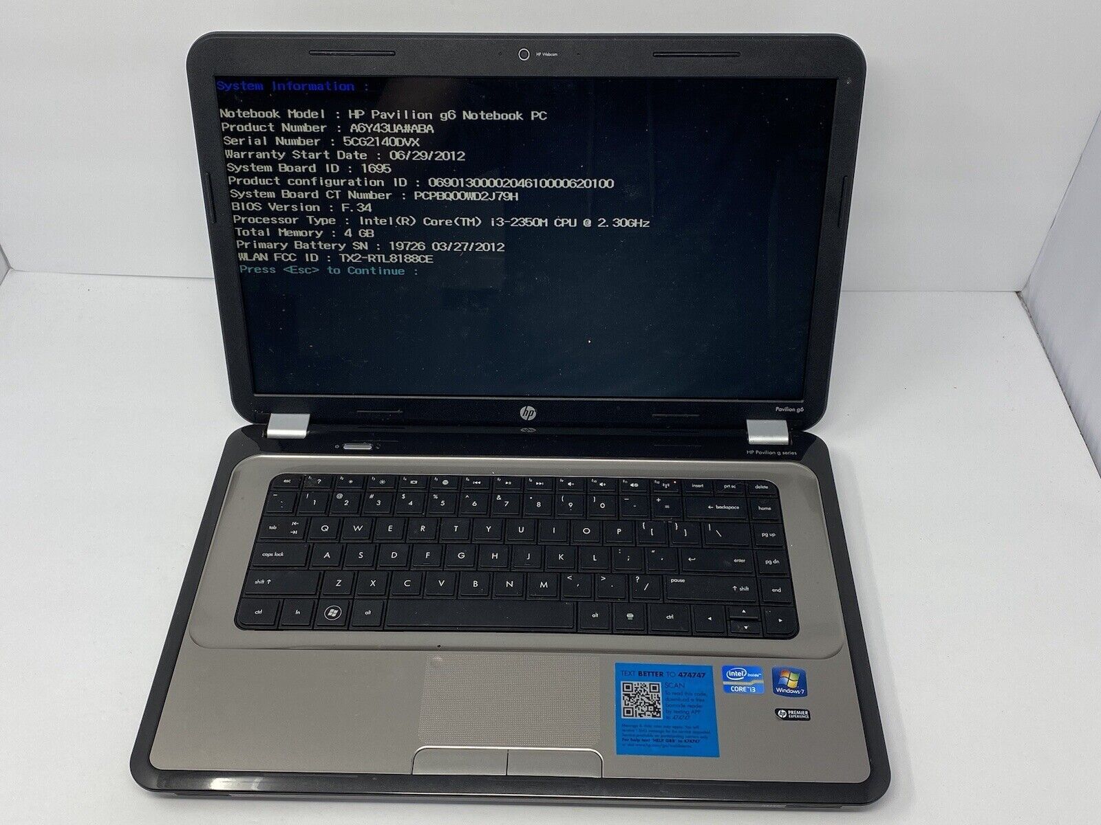 HP Pavilion G6-1D38DX Laptop Intel Core i3-2350M 2.30 GHZ 4GB Ram No HD / Caddy