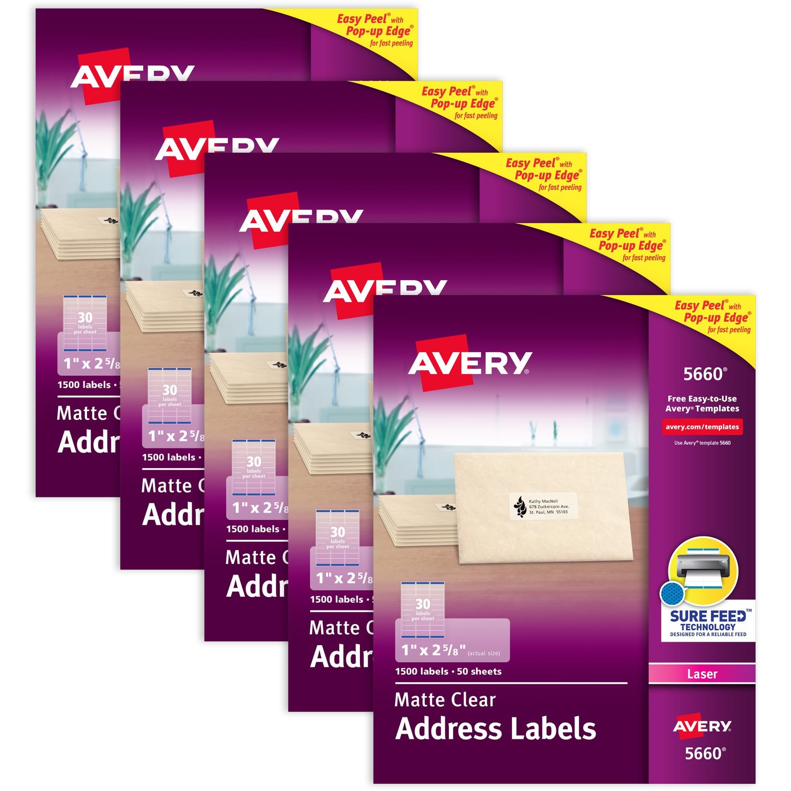 Address Labels 1 x 2-5/8 Matte Clear Laser Printable 1500 Avery 5660 Sure Feed