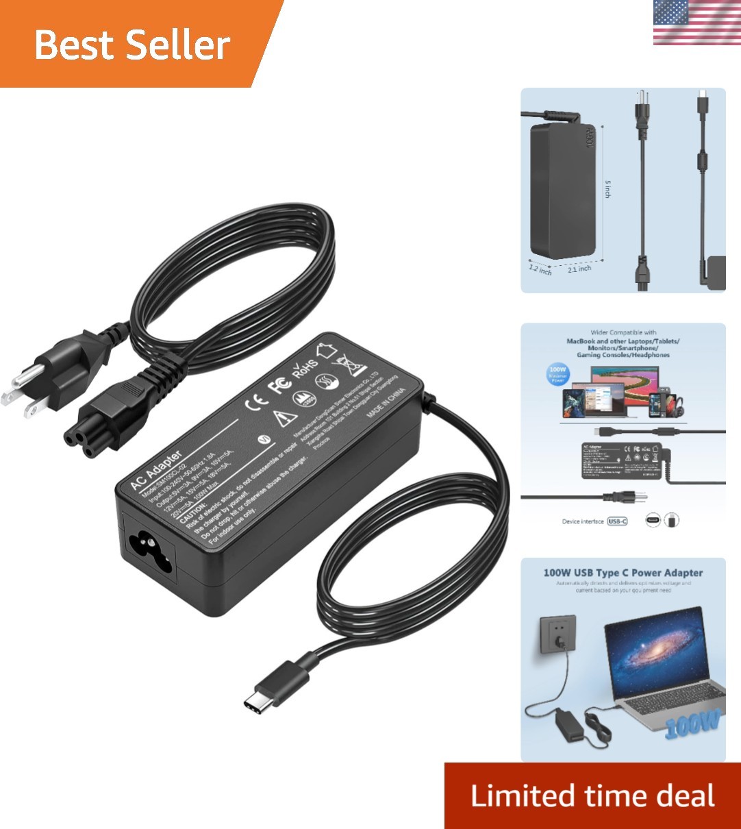Efficient 100W USB-C Fast Charger with 7.2ft Cable for Device Versatility