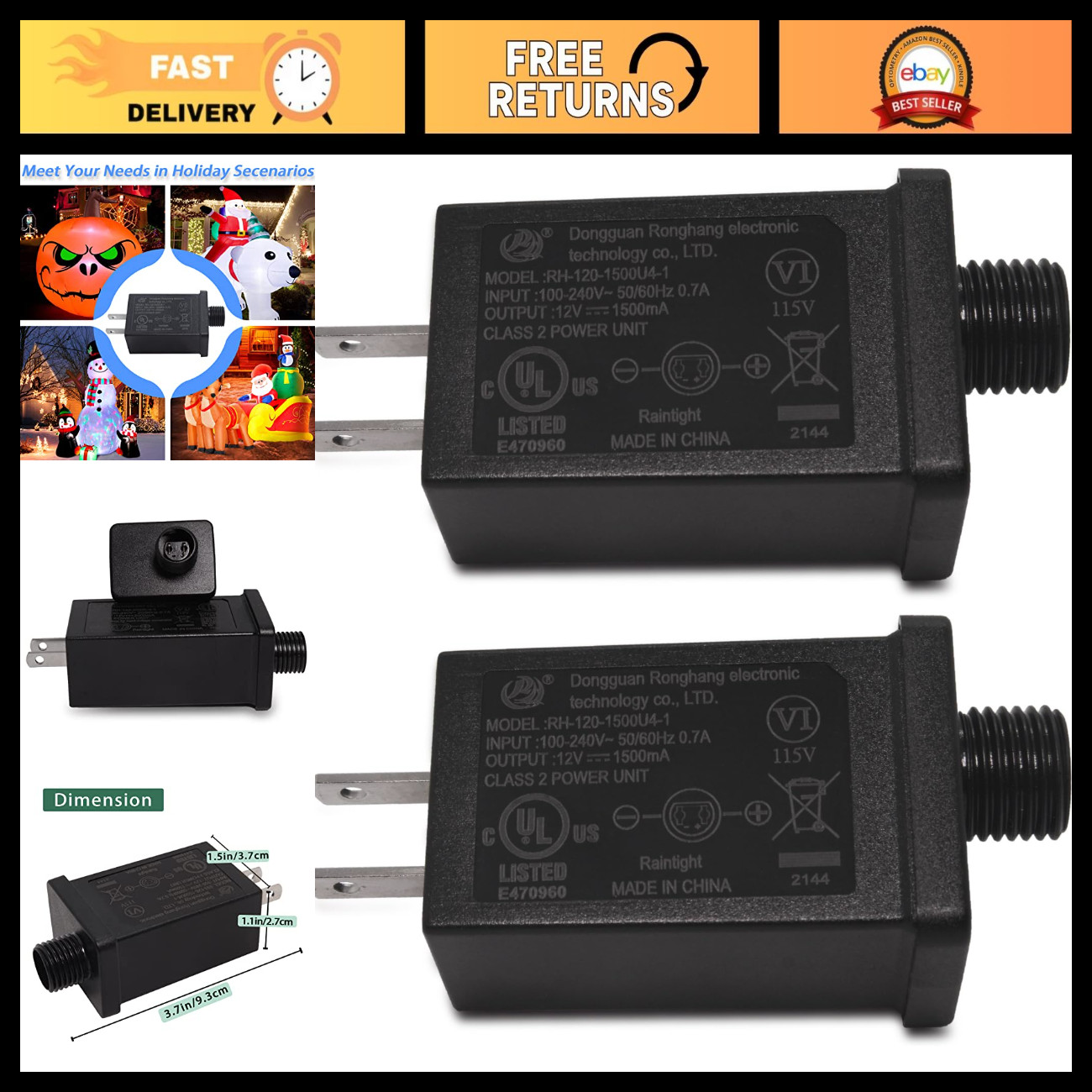 Replacement 12V 1.5A Power Adapter for Christmas Inflatable Blow Ups - Waterproo
