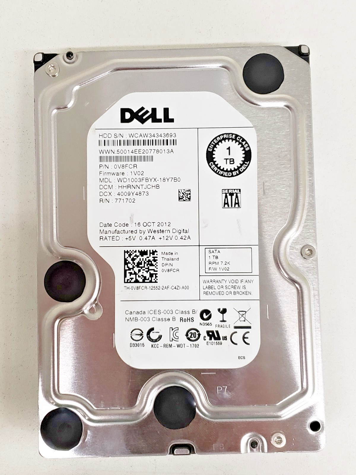 Dell WD1003FBYX-18Y7B0 1TB 3.5in 7200 RPM SATA Hard Drive 64MB Cache HDD 0V8FCR.