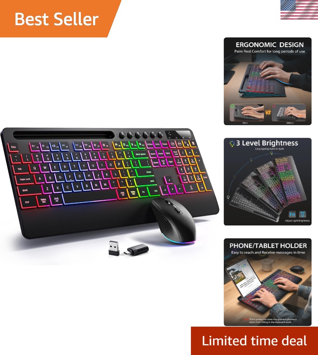 Dynamic RGB Wireless Keyboard and Mouse Combo for Windows/Mac with Wrist Support