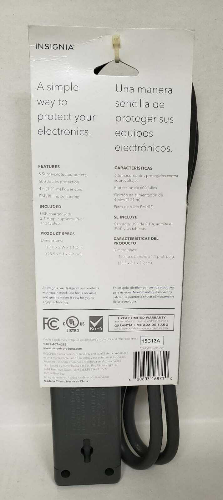  Insignia- 6-Outlet Surge Protector Strip with USB Charger - Black